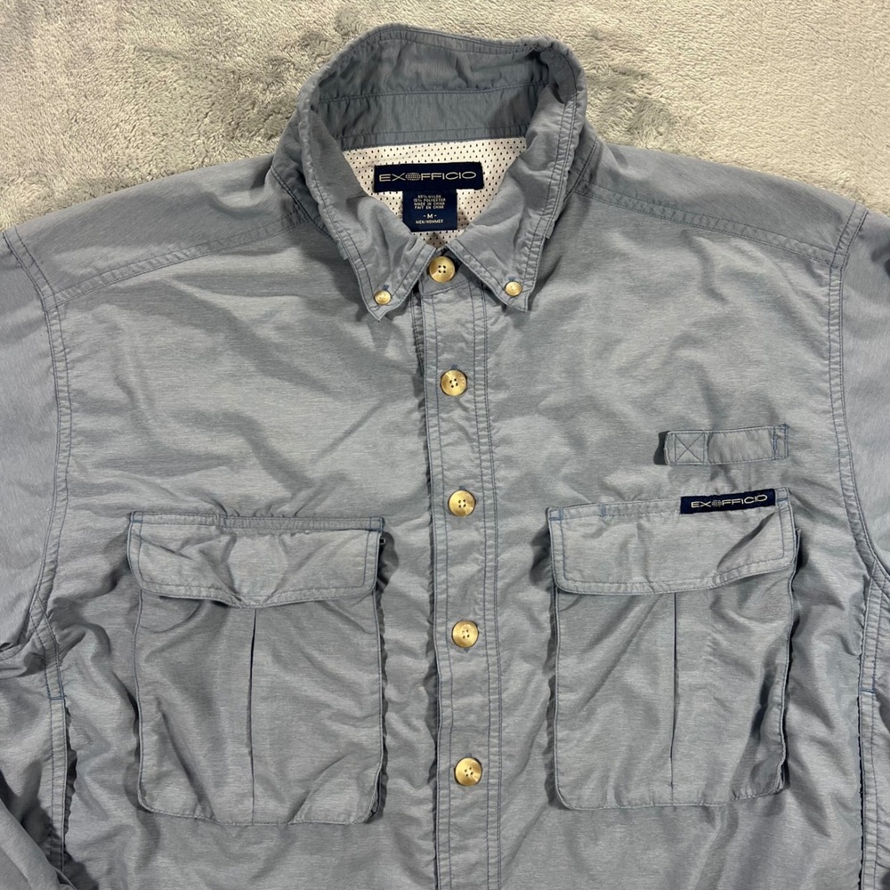 EXOFFICIO Air Strip Fishing Shirt Mens M Blue Gray Vented Hiking L/S